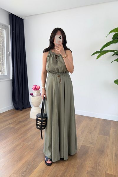 BİRCANÇİL Bonita Khaki Beaded Strap Skirt Lined Blouse Set