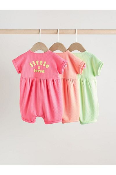 Next Baby 100% Cotton Pink Green 3-Piece Romper Set