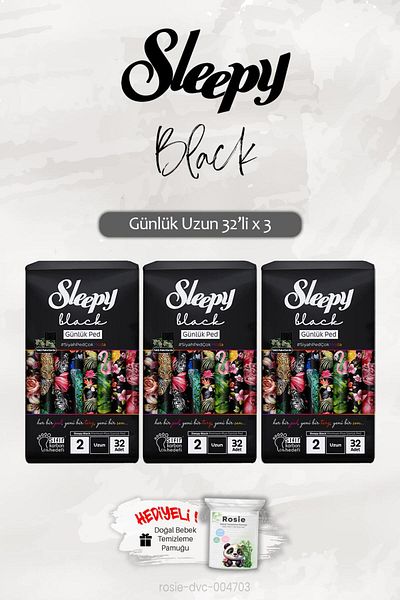 Sleepy 3 Pieces Black Daily Pad Long 32 Pcs and Rosie