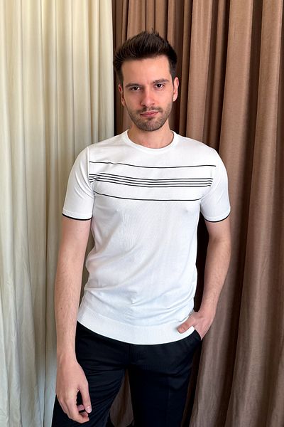ModaPlaza Men's Crew Neck Short Sleeve Striped Knitwear 9250