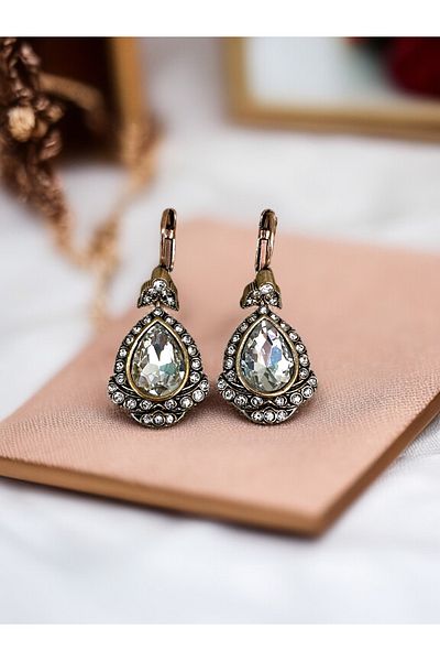 FAYRA ACCESSORIES Antique Bronze Water Drop Earrings with Crystal Stone