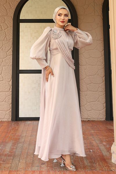 Olcay Brosche Detaillierte ausgestellte Yorgo Seide Hijab Abendkleid TAŞ 1242