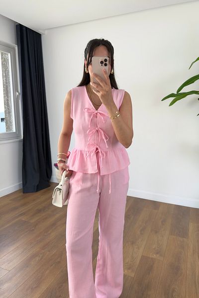 BİRCANÇİL Alegra Pink Tie Detail Muslin Pants Set