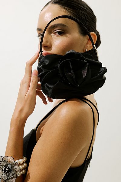 Manuka Flower Satin Evening Dress Mini Bag Black