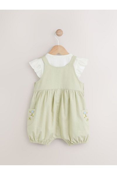 Next Baby 100% Cotton Sage Green Floral Embroidered Jumpsuit Bodysuit Set