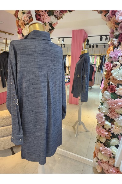 Moodbasic kadın taşlı kot rengi keten takım