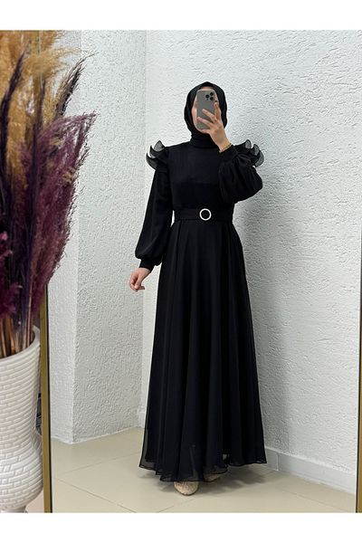 MİHRA STORE Oreleva Shoulder Ruffle Bust Pleated Tulle Dress-Pa9596 Black