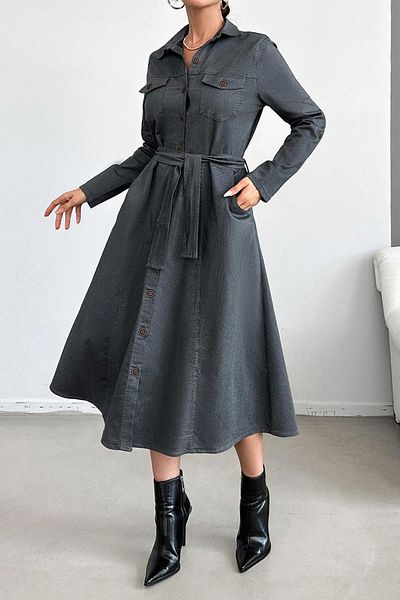 Jacarsman Women's Gabardine Denim Fabric Belted Long Gray Shirt Dress