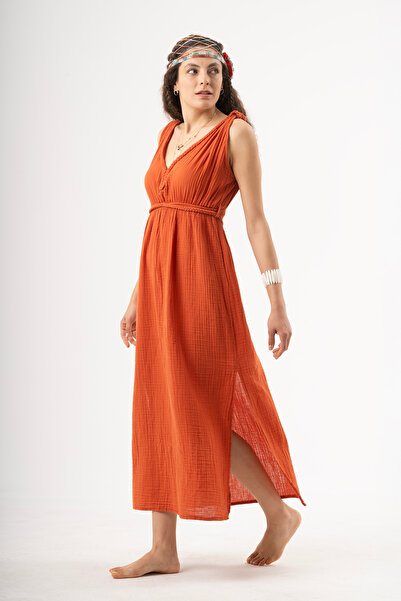 Eda Otantik Bohemian Back Detailed, Hair Braided, Slit Orange Muslin Long Dress