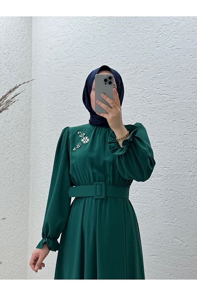 MİHRA STORE Orelesia Waist and Sleeve Elastic Bronch Twil Dress-Ek1144 Emerald Green
