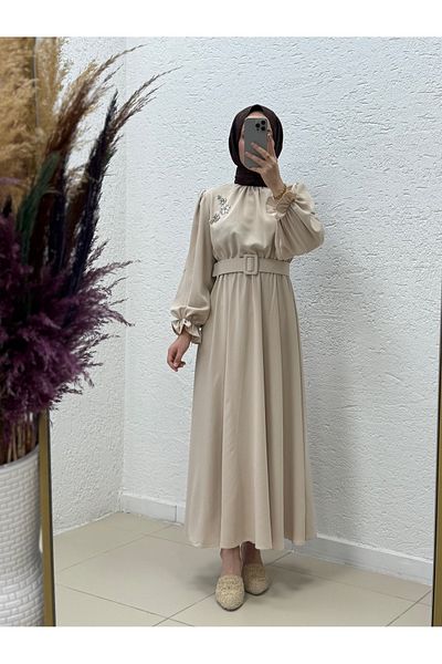 MİHRA STORE Orelesia Waist and Sleeve Elastic Bronch Twill Dress-Ek1144 Stone