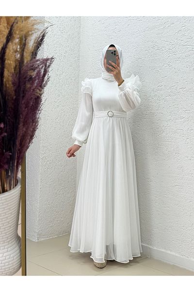 MİHRA STORE Oreleva Shoulder Ruffle Bust Pleated Tulle Dress-Pa9596 White