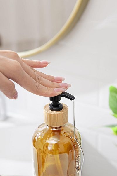 NESS HOME 2-Piece Liquid Soap Dispenser Detergent Dispenser with Base - Soap Dispenser with Wooden Look Cover