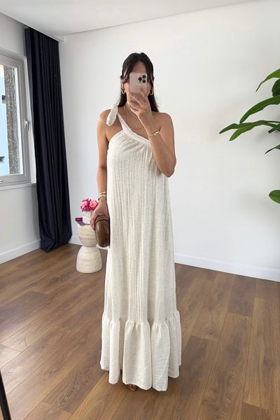 BİRCANÇİL Rots Stone One Shoulder Tie Detail Lined Dress