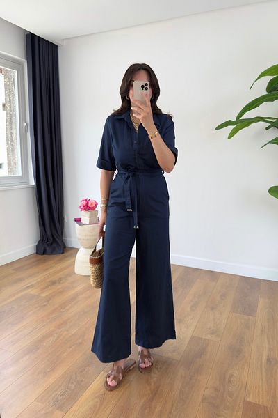 BİRCANÇİL Pani Navy Blue Belted Jumpsuit with Pocket Detail
