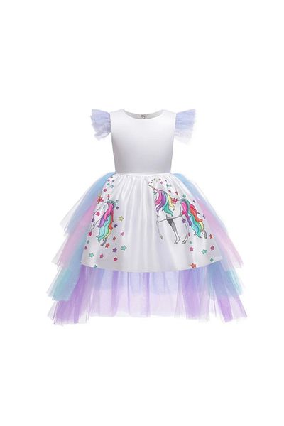 OEM Rochie Unicorn cu trena detașabilă, alb-multicolor, 3-5ani