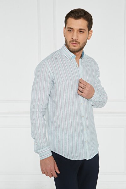 Paşahan Giorgianni Collar Button Striped Linen Slim Fit Shirt