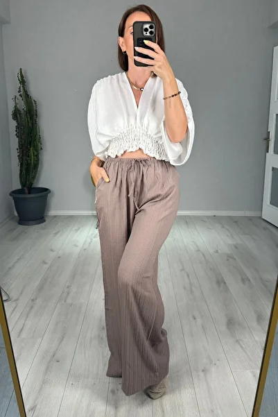 lady special Women's Seersucker Elastic Waist Palazzo Trousers