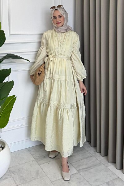 Beige Store Kuşaklı Kiloş Elbise Sarı