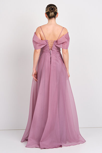 Saygın Women's Rope Strap Stone Embroidered Maxi Evening Dress 5607 Lilac