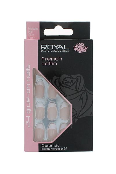 Royal Set de 24 de unghii false ROYAL Glue-On Nail French Coffin, lipici inclus 2 g