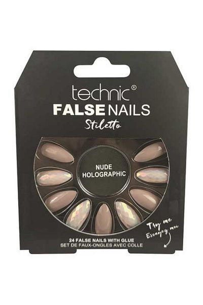 TECHNIC Set de 24 de unghii false cu lipici inclus Unghii false Technic, Stiletto, Nude Holografic