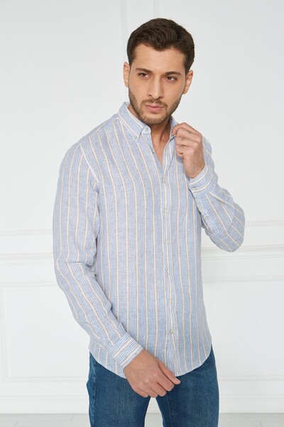 Paşahan Giorgianni Collar Button Striped Linen Slim Fit Shirt