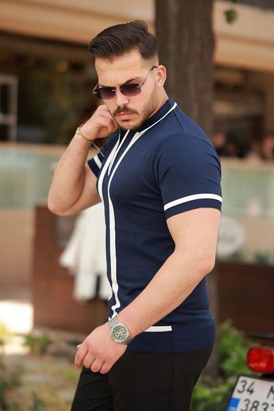 Aymood Men's Zipper Collar Stripe Detailed Short Sleeve T-Shirt