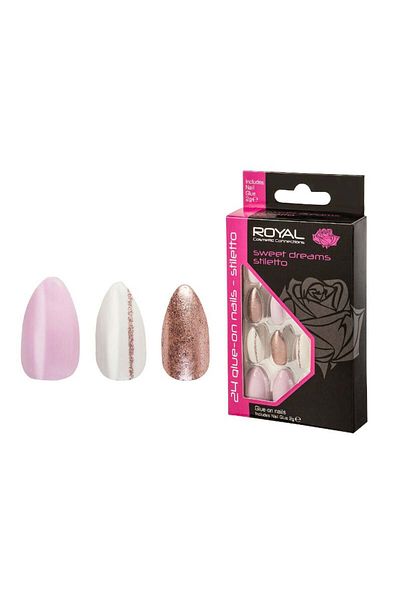 Royal Set de 24 de vârfuri de unghii ROYAL Glue-On, Stiletto Sweet Dreams, Lipici inclus 3 g