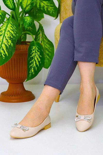Weynes Women's Beige Stone Bow Casual Ballerinas Wsb3048