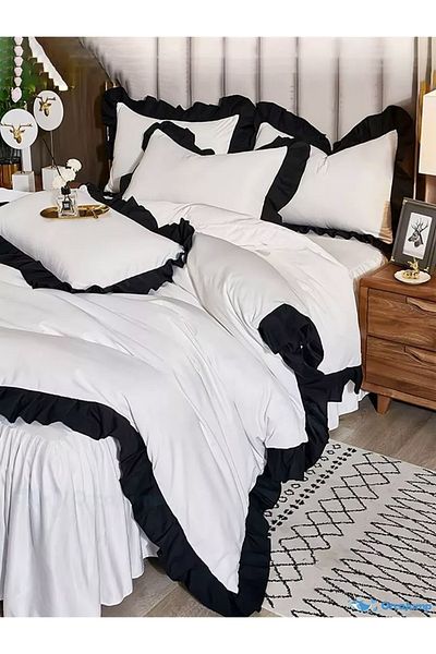 Uçkan home 100% Cotton Double Bedding Set Ruffles Black and White