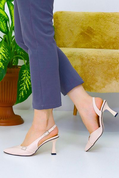 Weynes Women's Beige Small Buckle Comfortable Heeled Shoes Wsb3046