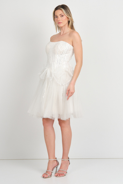 ÖMÜR INN Ömür Inn Kadın Straplez Taş İşlemeli Kısa Abiye Elbise 4168 Beyaz