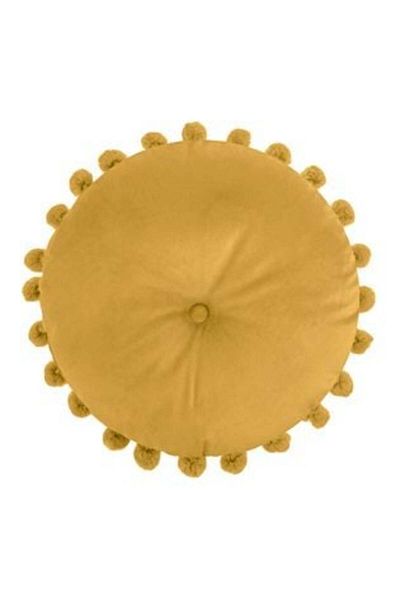 OEM Round Velvet Mustard Yellow Decorative Pillow with Buttons & Pompom for Sofa Ø40 cm