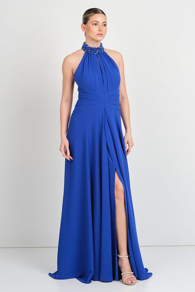 Saygın Women's Halter Neckline and Collar Stone Detailed A-Line Maxi Evening Dress 5619 Saks