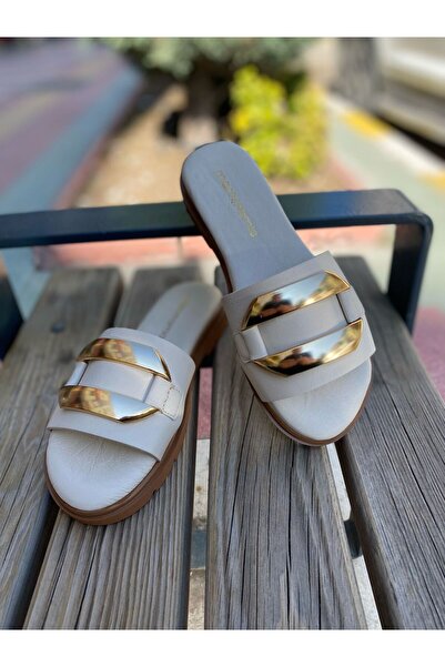 Mammamia D25YT-1375 Kadın Hakiki Deri Düz Terlik Kemik Renk