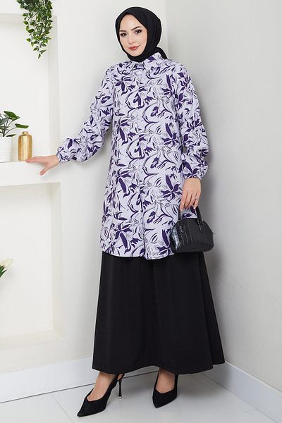 hafsamina Floral Patterned Skirt Suit Purple Hm2739