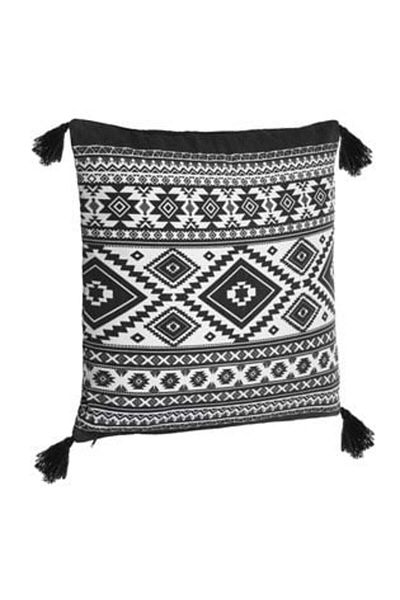 OEM Black and White Summer Decorative Pillow with Aztec Pattern & Tassels 50 x 50 cm