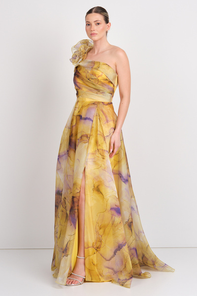 Saygın Women's One Shoulder Patterned Maxi Evening Dress 5632 Yellow