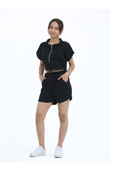 Eşofmania Women's Modal Fabric Summer Full Lycra Zippered Shorts Suit