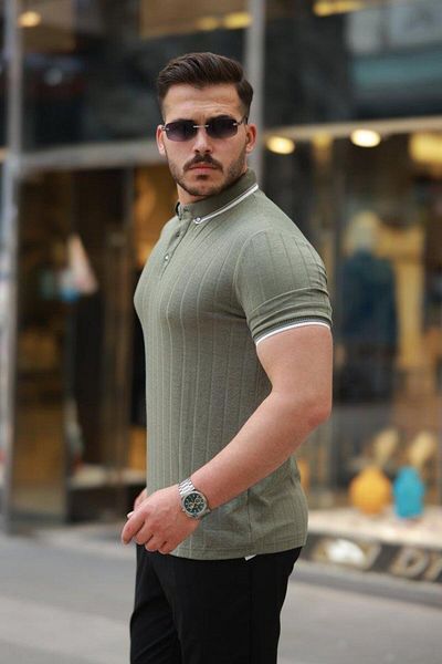 Aymood Men's Button Collar Jacquard Fabric Short Sleeve T-Shirt
