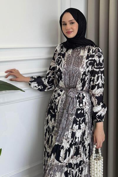 Beige Store Piliseli Desenli Elbise Çiçek Desenli