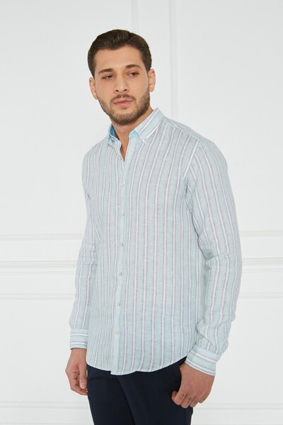 Paşahan Giorgianni Collar Button Striped Linen Slim Fit Shirt