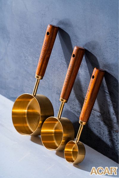 Santara Acar 3Pcs Gold Stainless Steel Wooden Handle Measuring Spoon Set Measuring Cup 125ml 60 ml 15ml