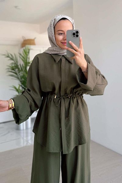 Ka Hijab Relaxed Cut Gather Detailed Suit - Khaki