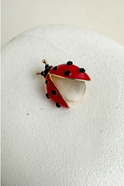 Modex Taş Detay Kırmızı Sedefli Uğur Böceği Broş (3cm)