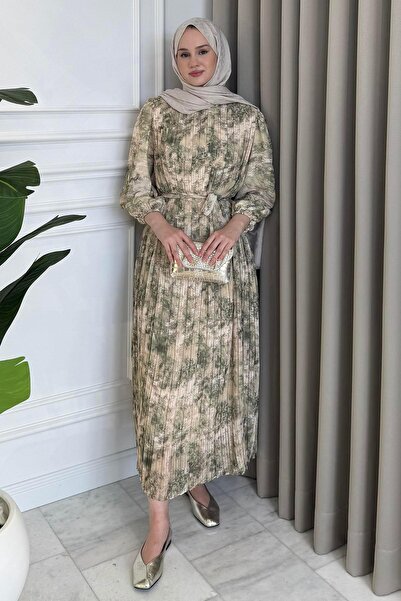Beige Store Piliseli Desenli Elbise Küf Yeşili