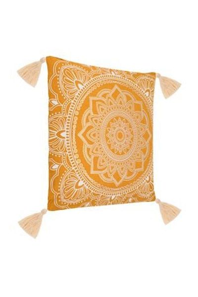 Jumbo Decorative Summer Pillow Yellow Mustard with Golden and White Mandala Pattern 45 x 45 cm