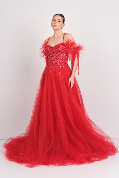 Mor Sposa Kadın Üst Full Taşlı Alt Tül Kabarık Model Maxi Abiye Elbise M100 Kırmızı