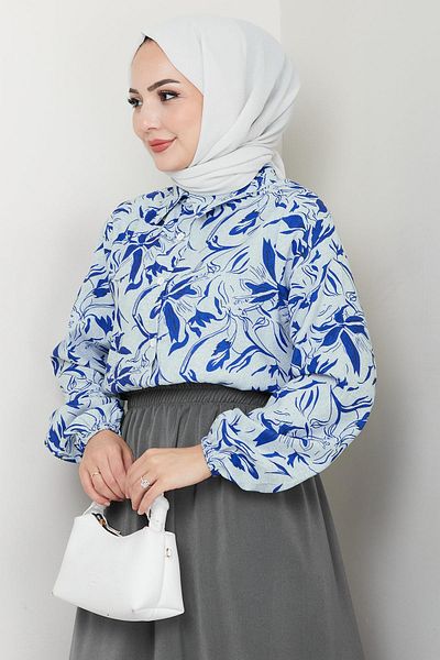 hafsamina Floral Patterned Skirt Suit Indigo Hm2739